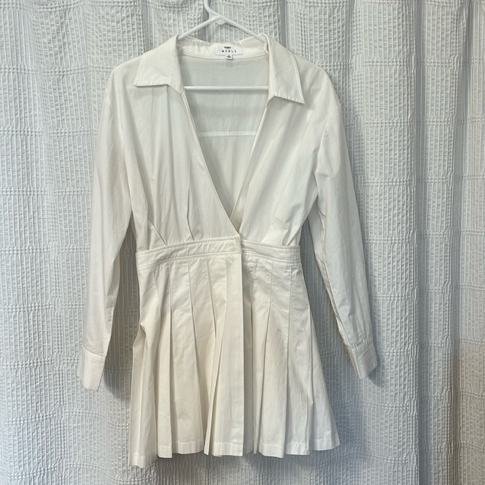 MABLE white long sleeve pleated dress